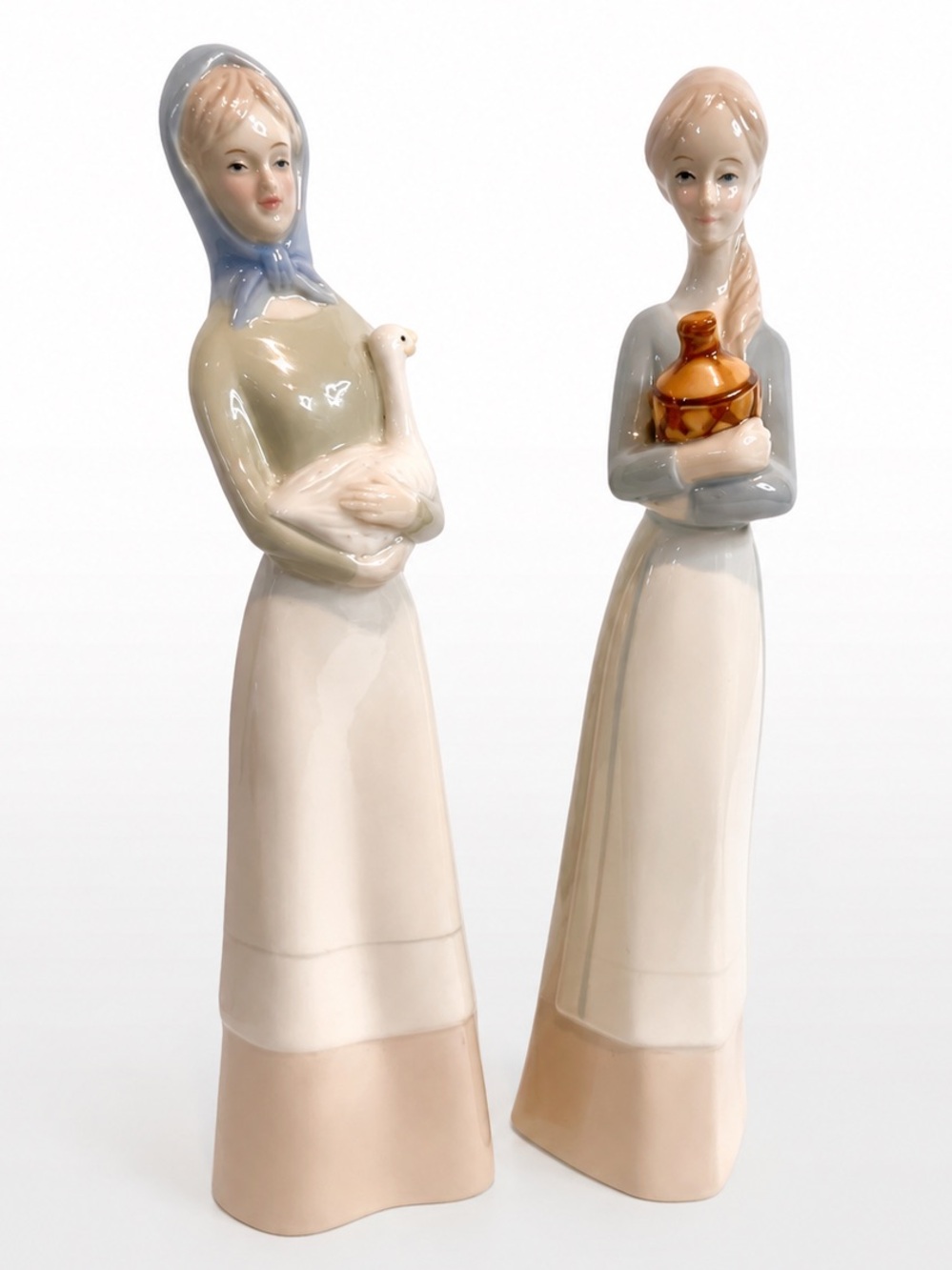 Vintage Porcelain Girl Figurines Goose & Jug Pair Scandinavian Style